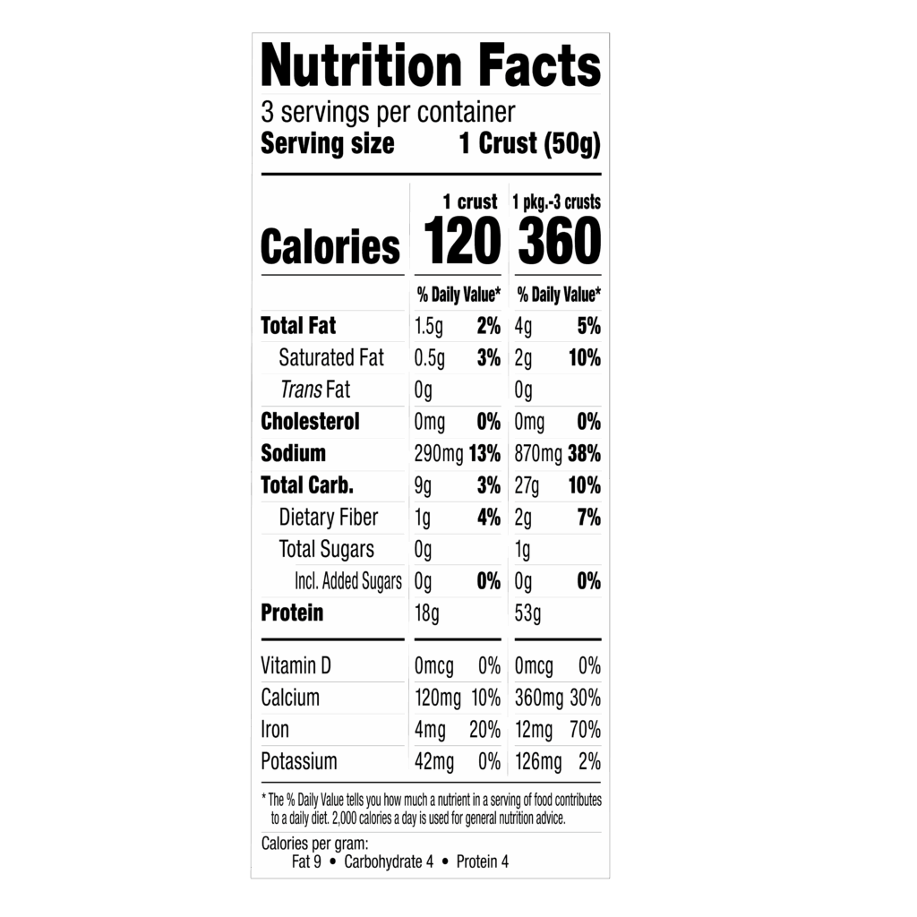 Protein pizza crust nutrition label