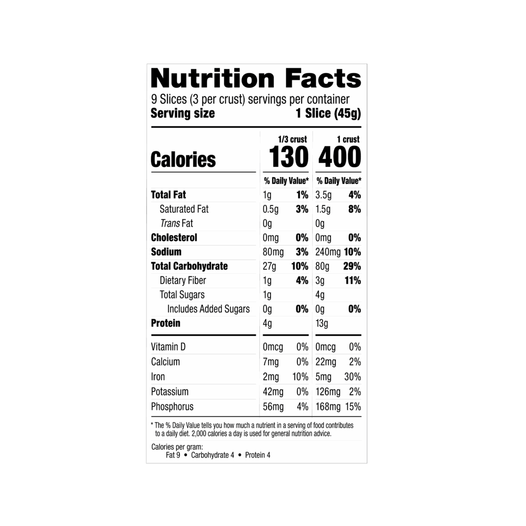 Whole Grain pizza crust nutrition label